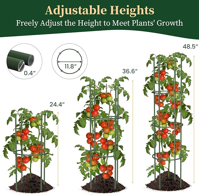 4 Pack Tomato Cages for Garden, 49" Tall Adjustable Heavy Duty Rust Resistant Tomato Trellis, with Upgraded Coupler for Raised Beds & Pots, Plant Stakes and Supports for Climbing Vegetables, Flowers