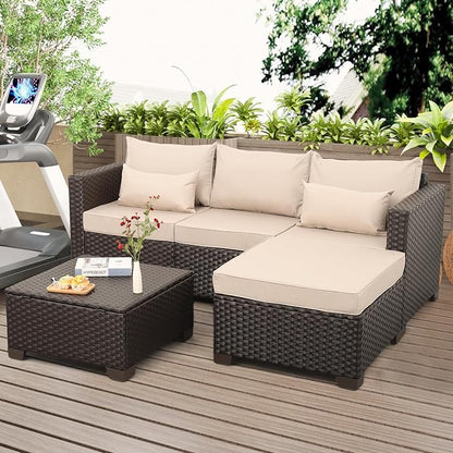 Patio Furniture Set 3 Piece Outdoor Sectional Sofa Set with Wicker Couch, Ottoman, Patio Table with Storage All-Weather Anti-Slip Cushions and Waterproof Covers, Khaki