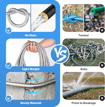 Garden Hose 50 FT, Metal Stainless Steel Water Hose with 10 Function Nozzles, No Kinks, Flexible Hose, Lightweight, Puncture Proof, Heavy Duty Hose for Yard and Outdoor