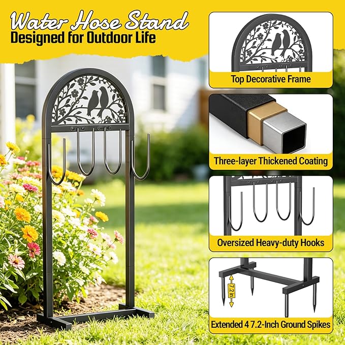 YQSLYSF Garden Hose Holder for Outside, Water Hose Reel Freestanding with 4 Stake, Heavy Duty Metal Hose Stand Storage Rack Holds 150Ft