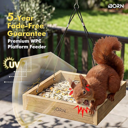 iBorn Platform Bird Feeder Tray Bird Feeders for Outdoors Hanging for Outside Flat Birdfeeder Tray with Large Capacity 3LBS, WPC Recycled Plastic & Cedar Look, Waterproof, 10.6"x10.6", Raw