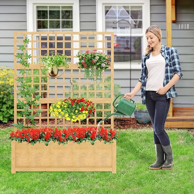 DoCred Raised Garden Bed with Trellis, Freestanding Wood Planter Box with Trellis, Above Ground Elevated Garden Bed Outdoor Planter for Climbing Plants Vines Patio Decor