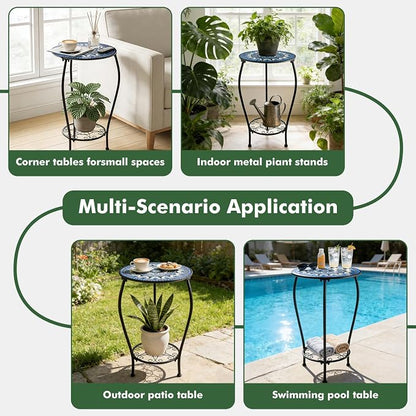 Two-tiered 13 Inch Metal Round Side Table Set of Two Small Black Outside End Table for Patio Round Accent Garden Corner Stand for Small Spaces Weather-resistant Outdoor Coffee Table for Balcony