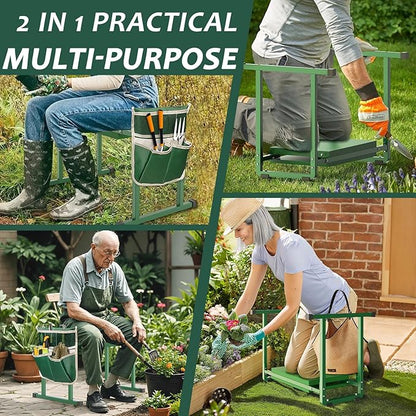 Garden Kneelers Seat, Stable and Save Anti-Tipping Design 10.2" Wider Garden Kneeler and Seat with Handle, Heavy Duty Gardening Stool for Seniors, Gardening Weeding Bench for Gardeners Parents - Green