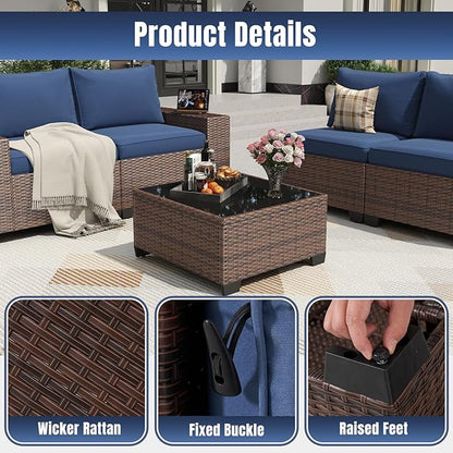Aoxun 12 Pieces Patio Furniture Set Wicker Rattan Outdoor Sectional Conversation Set with Coffee Table and 4” Thickened Cushions, Blue (Waterproof Cover Included)