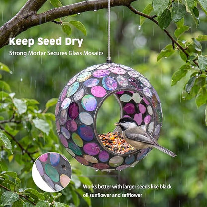 VCUTEKA Mosaic Bird Feeder, Round Glass Container Hanging Bird Feeders for Gardens, Yards, Decks to Attract Wild Birds, 7-Inch Purple