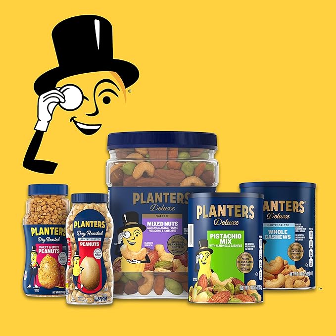 PLANTERS Deluxe Mixed Nuts - Roasted Cashews, Almonds, Brazil Nuts, Pistachios, and Pecans, Plant-Based Protein, Quick Snack, 15.25oz Canister (Pack of 2)