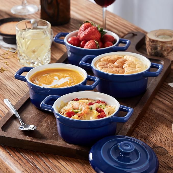 Lareina Mini Cocotte - 12oz Ceramic Casserole Dishes - Kitchen Casserole Sets With Handles And Lid - Small Baking Ramekins - Oven, Microwave & Dishwasher Safe - Set of 4 - Blue | Small casserole ramekins with handles, oven, microwave & dishwasher safe....