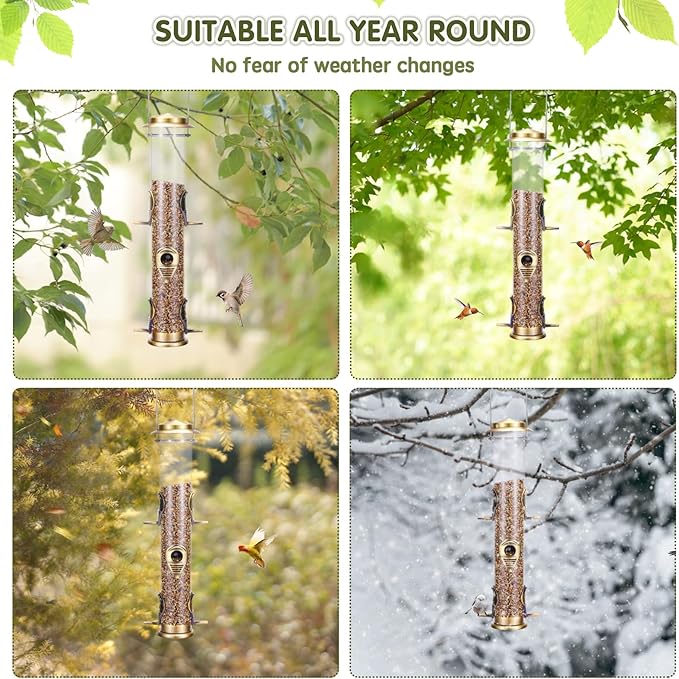 MIXXIDEA 1PK Metal Wild Bird Feeder,Squirrel Proof Bird Feeders for Outside,Hanging 6 Port Tube Bird Feeder Transparent Finch Bird Feeder for Attracting Birds in Your Lawn, Garden, Balcony-Bronze