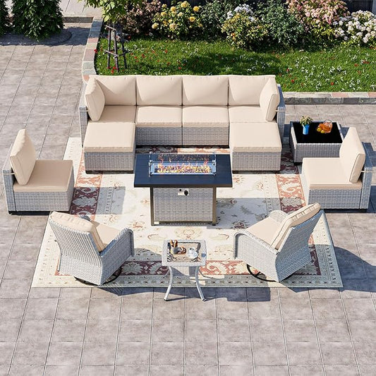 13-Piece Patio Furniture Set, Outdoor Patio Furniture with Swivel Chairs Set, Ottomans, 55,000 BTU Fire Pit Table, Modular Patio Sofa, Dual-Strand Wicker Rattan, Rust-Resistant Frame, Khaki