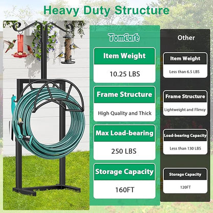 TomCare Garden Hose Holder 4 Spikes Garden Hose Reel Hose Stand Upgraded Water Hose Storage with Tool Hooks Garden Hose Hanger Organizer Holds 160ft Hoses for Outside Yard Lawn, Black