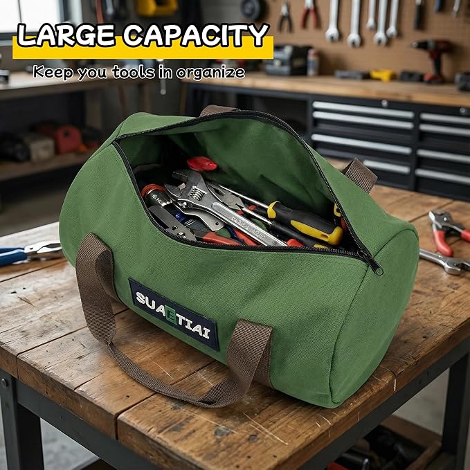 14 Inch Small Tool Bags for Men, Wide Mouth Zipper Storage Bag, Large Capacity Canvas Tool Tote Bag, Portable Multi-Function Tool bag for Storage Wrenches, Screwdrivers, Repair Tools (Green)