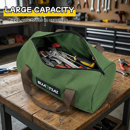 14 Inch Small Tool Bags for Men, Wide Mouth Zipper Storage Bag, Large Capacity Canvas Tool Tote Bag, Portable Multi-Function Tool bag for Storage Wrenches, Screwdrivers, Repair Tools (Green)