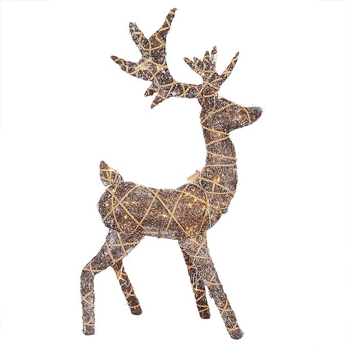 Alpine Corporation 48" Tall Outdoor Rattan Twig Grazing Reindeer Christmas Yard Decor with 80 Warm White LED Lights, Brown