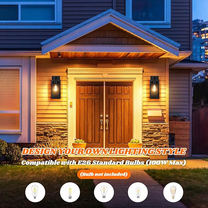 Outdoor Wall Lanterns, Exterior Waterproof Matte Black Wall Light Fixtures, Sconces Lighting with Clear Glass Shade, Anti-Rust E26 Socket Lights for Porch Entryway Patio, 2 Pack