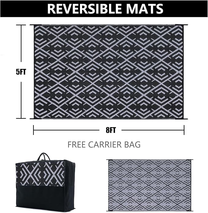 HUGEAR Outdoor Plastic Straw Rug, Waterproof Outdoor Rugs for Patios Clearance, Reversible Area Rug, Large Outside Carpet for Camping, Balcony, RV, Deck, Picnic, Beach (5x8ft Boho/Black&Grey)