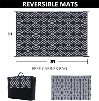 HUGEAR Outdoor Plastic Straw Rug, Waterproof Outdoor Rugs for Patios Clearance, Reversible Area Rug, Large Outside Carpet for Camping, Balcony, RV, Deck, Picnic, Beach (5x8ft Boho/Black&Grey)