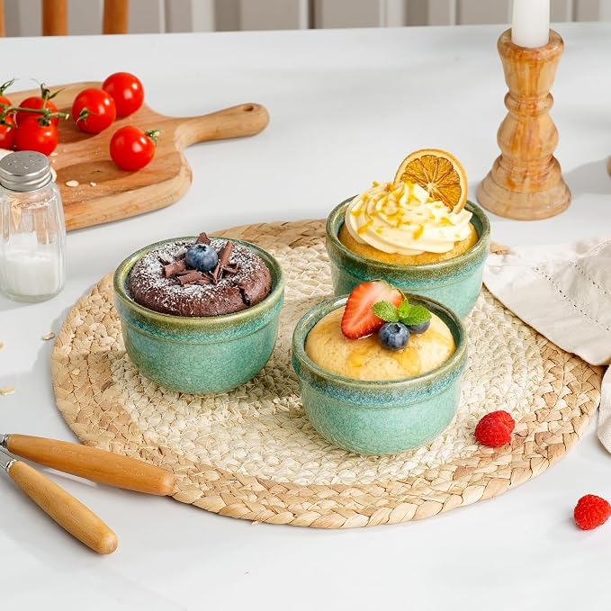 Henten Home 6 oz Ramekins Set Oven Safe, Ceramic Creme Brulee Ramekins Set of 2, Baking Cups for Pudding, Souffle, Ice Cream, Snack, Dipping (Green)