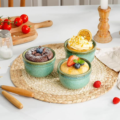 Henten Home 6 oz Ramekins Set Oven Safe, Ceramic Creme Brulee Ramekins Set of 4, Baking Cups for Pudding, Souffle, Ice Cream, Snack, Dipping (Green)