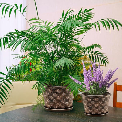 10 Inch Planter Pots for Plants, 4 Pack Plastic Large Flower Pots Indoor Outdoor, Resin Plant Pot with Drainage & Saucer, Retro Decorative Garden Pot with Removable Trays for House