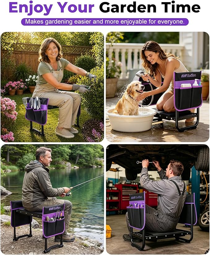 Garden Stool & Kneeler 7-Piece Set with 3 Aluminum Tools, Double-Layer Tote Bag & 2 Side Pouches - Foldable Gardening Bench Kit - Ideal Gifts for Women Mom Seniors (Purple)