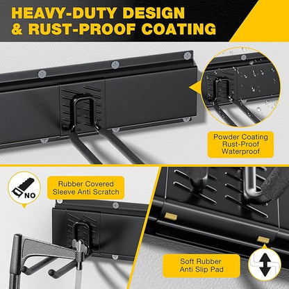 Garage Tool Organizer Wall Mount with 32 inches Rails and Adjustable Heavy-Duty Hooks, Garden Tool Organizer, Carries 300 lbs, Heavy Duty Garage Storage Rack For Yard, Shed, Workshop, Easy to Install