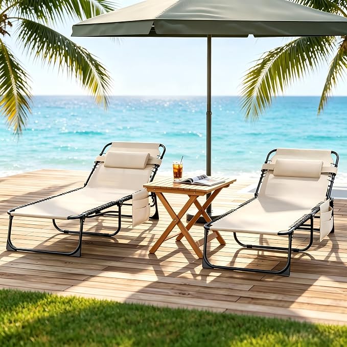 Outdoor Lounge Chair, Foldable Reclining Chaise Lounge with Detachable Pillow & Side Pocket, 4-Position Recliner Tanning Chair for Beach, Pool, Lawn, Backyard, Beige, 2 Packs