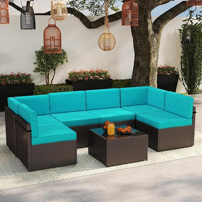 Kinsuite 7Pcs Patio Conversation Set - Wicker Backyard Furniture Outdoor Furniture with Cushions, All-Weather Couch Set with Coffee Table for Garden, Lawn, Deck, Turquoise