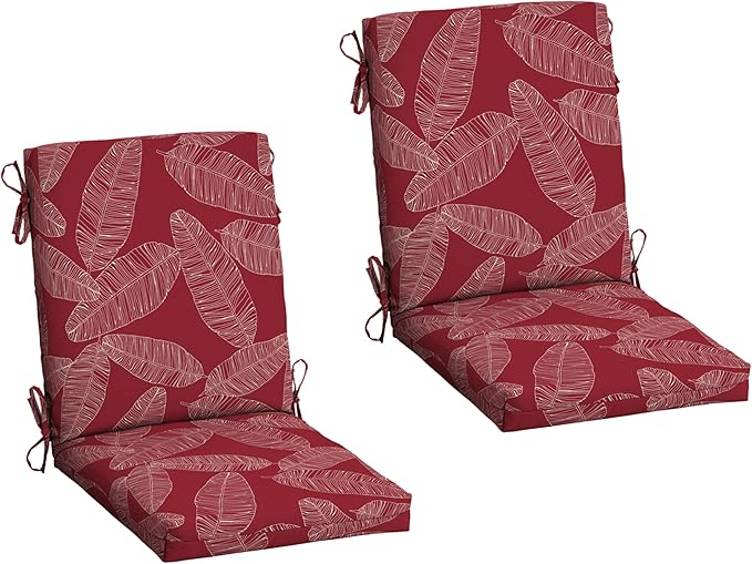 Arden 2-Pack Outdoor Patio Dining Chair Cushion, 20x44, Rain-Proof Seat Pad, Fade-Resistant Outdoor Cushion Red Leaf Palm