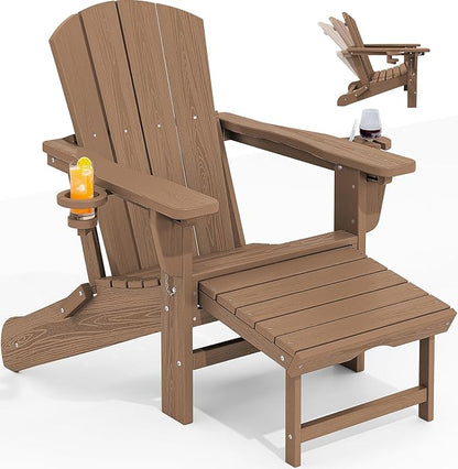 KINGYES Folding Adjustable Adirondack Chair with Ottoman & 2 Cup Holders, HDEP Reclining Adirondack Chair with Footrest, Brown