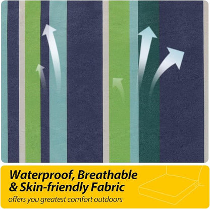 AAAAAcessories Outdoor Seat Cushions for Chairs, Fade-Resistant, Waterproof Patio Furniture Replacement Cushions, 25.5" x 25.5" x 5" + 25.5" x 13.5", Stormy Teal Coastal Stripe