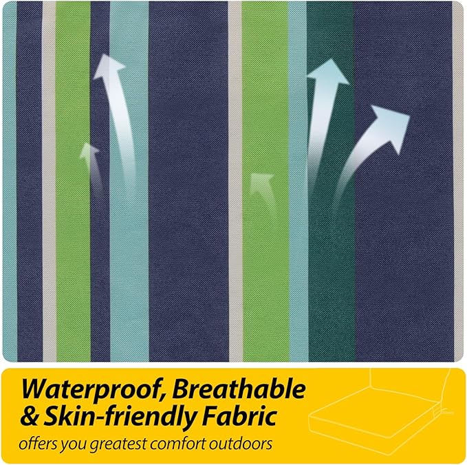 AAAAAcessories Outdoor Seat Cushions for Chairs, Fade-Resistant, Waterproof Patio Furniture Replacement Cushions, 23.5" x 25.5" x 5" + 23.5" x 13.5", Stormy Teal Coastal Stripe