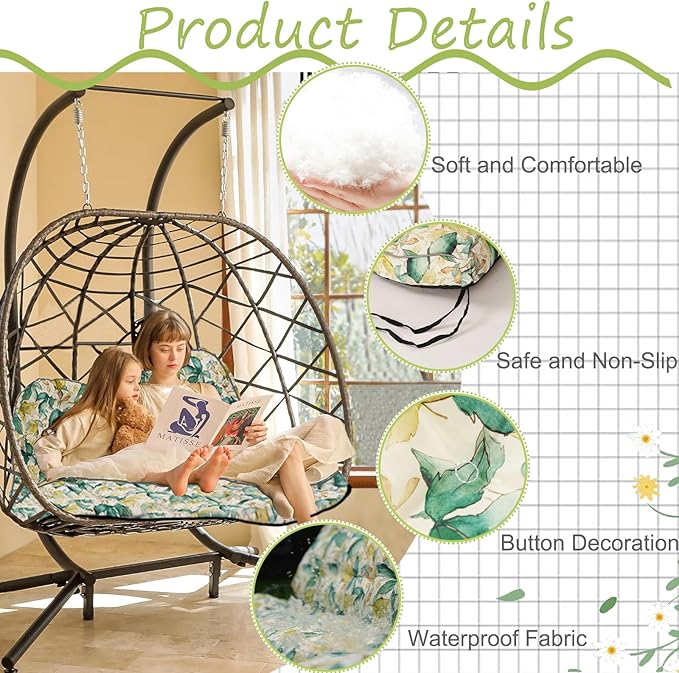 Swing Replacement Cushions with Backrest, 2 or 3 Seater Waterproof Non-Slip Overstuffed Swing Pad, Outdoor Bench Cushion for Porch Chair Swings Garden Furniture (Clover, 40 * 63 in)