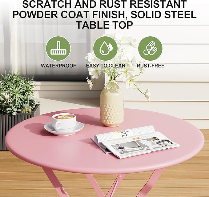 GarveeLife 3-Piece Folding Bistro Set, Foldable Patio Furniture Set with Premium Frame, Outdoor Bistro Table and Chairs Set of 2 for Patio, Garden and Balcony, Pink