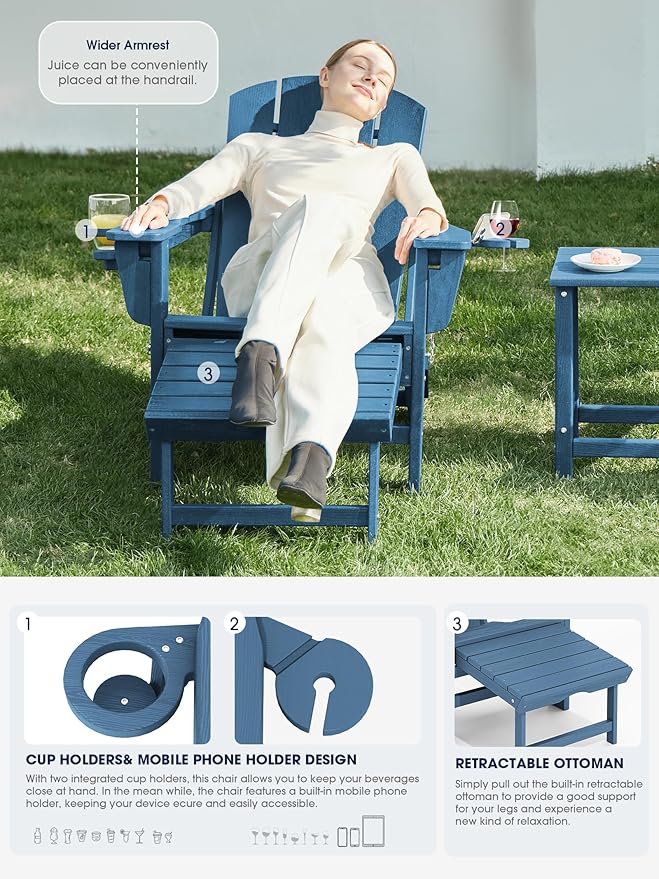 KINGYES Folding Adjustable Adirondack Chair with Ottoman & 2 Cup Holders Set of 4, HDEP Reclining Adirondack Chair with Footrest, Blue