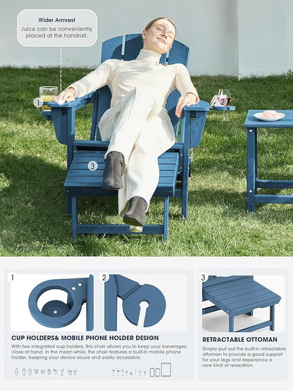 KINGYES Folding Adjustable Adirondack Chair with Ottoman & 2 Cup Holders Set of 4, HDEP Reclining Adirondack Chair with Footrest, Blue