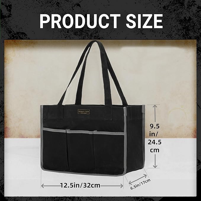 Durable 16OZ Waxed Canvas Tool Bag with Handle - A Large Main Pocket and 6 Exterior Pockets (12.5 x 6.5 x 9.5 Inches) Black