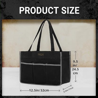 Durable 16OZ Waxed Canvas Tool Bag with Handle - A Large Main Pocket and 6 Exterior Pockets (12.5 x 6.5 x 9.5 Inches) Black