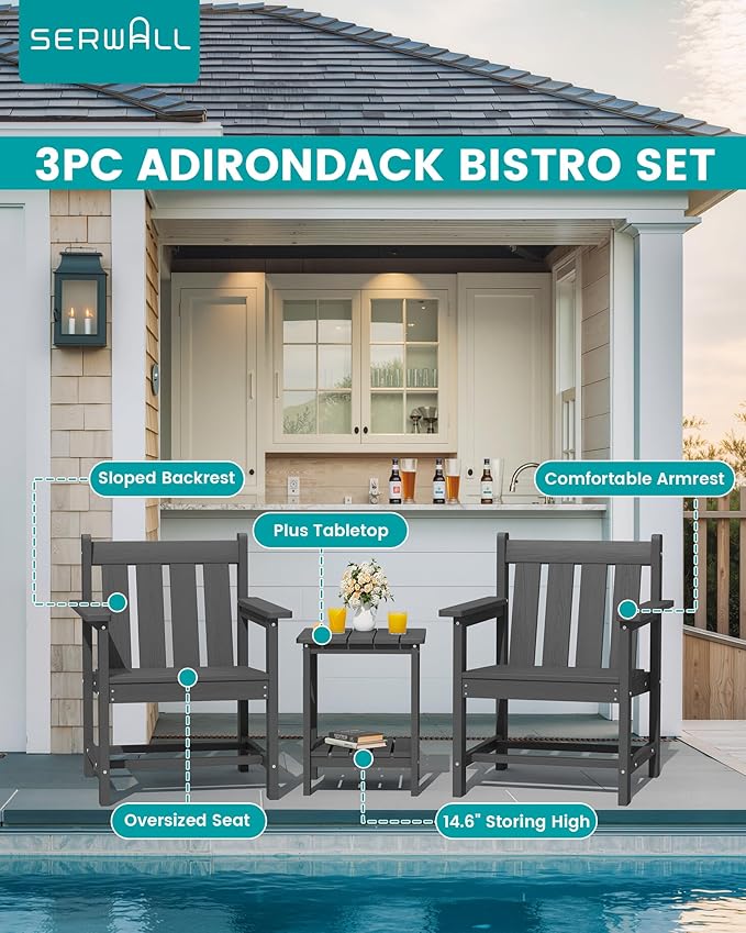 SERWALL Patio Furniture Set, HDPE Material All Weather Use Adirondack Chair Set with Side Table for Balcony, Porch, Garden, Backyard- Gray