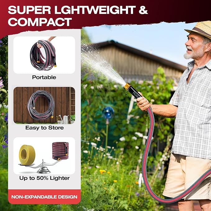 2026 Upgraded Non-Expanding Garden Hose - 100FT Lightweight Flexible, High-Pressure Anti-Kink/Burst-Resistant Lead-Free Outdoor Water Hose (Gray/Red)