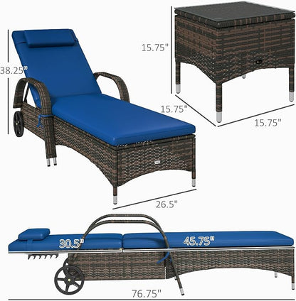 Outsunny Wicker Outdoor Chaise Lounge Chair Set of 3 with Side Table, 5-Level Adjustable Backrest PE Rattan Pool Lounge Chair with Wheels, Cushion & Headrest, Brown and Gray