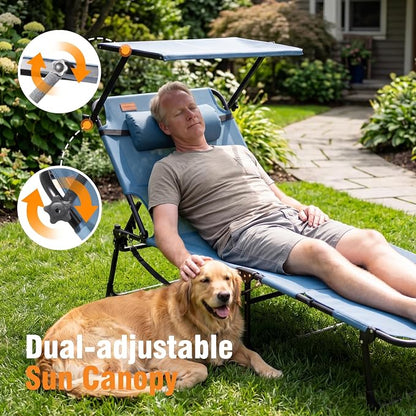 Tanning Chair with Face Hole & Canopy, 28'' Extra Wide, Blue | Folding Chaise Lounge Chair with 4-Position Adjustable Backrest for Beach, Pool, Patio & Camping