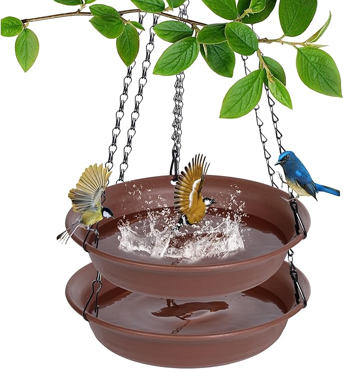 VUWEZ Hanging Bird Bath, Hanging Bird Water Feeder for Outdoors, Feeder Bowl, 2 Pack Birdbath Tray Accessories for Outside, Plastic Birdbaths Tray for Garden Patio Decoration (12", Chocolate)