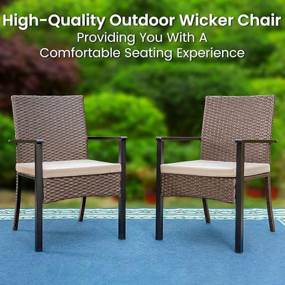 PHI VILLA 9 Pieces Square Outdoor Dining Table Set for 8, 60” Large Metal Steel Dining Table & Rattan Wicker Chairs with Cushions, Dining Furniture Set for Patio, Deck, Yard, Porch