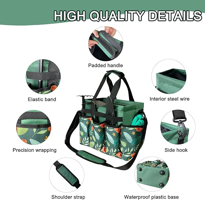 Standable Garden Tool Bag for Women, Oxford Multi-Pocket Gardening Tote with Hard Bottom & Adjustable Shoulder Strap