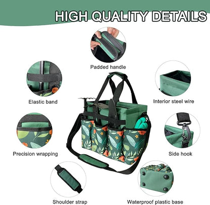 Standable Garden Tool Bag for Women, Oxford Multi-Pocket Gardening Tote with Hard Bottom & Adjustable Shoulder Strap