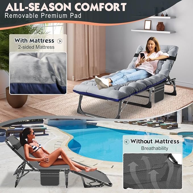 MOPHOTO Folding Lounge Chair 5-Position, Folding Cot, Portable Outdoor Chaise Lounge Chair for Sun Tanning, Perfect for Pool Beach Patio Sunbathing