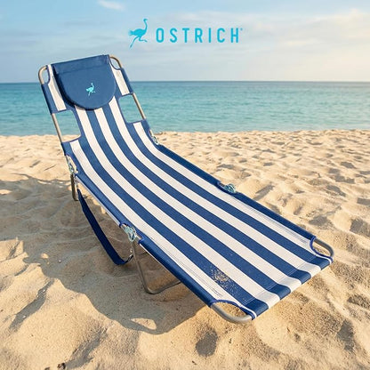 Ostrich Beach Lounge Chair, Folding & Reclining Outdoor Chaise Lounger, Blue/White Striped - Portable Adjustable Recliner Chair for Lawn, Pool, Patio, Garden, and Yard