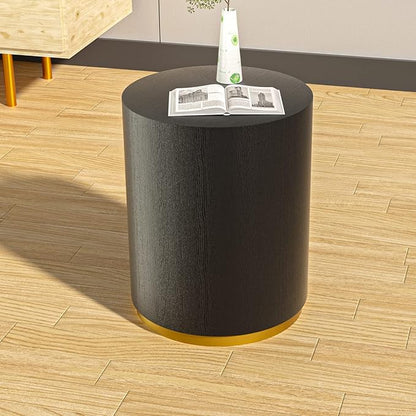 kevinplus Black Side Table End Table for Living Room, Bottom Gold Rim Design, Black & Gold (ø15.6'' x 19.5'')