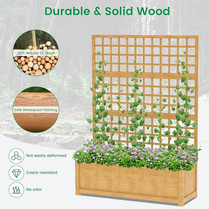 DoCred Raised Garden Bed with Trellis, Freestanding Wood Planter Box with Trellis, Above Ground Elevated Garden Bed Outdoor Planter for Climbing Plants Vines Patio Decor